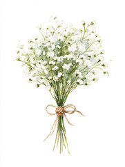 Hand-painted watercolor bouquet of delicate baby&rsquo;s breath flowers tied with twine. Soft airy botanical floral illustration isolated on white background.