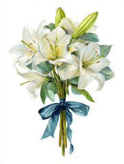 Obraz premium Hand-painted watercolor bouquet of white lilies with fresh green leaves and ribbon. Elegant botanical floral illustration isolated on white background.