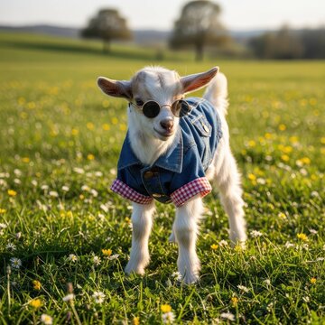 Goat with sunglasses and denim jacket stands in a meadow of green grass