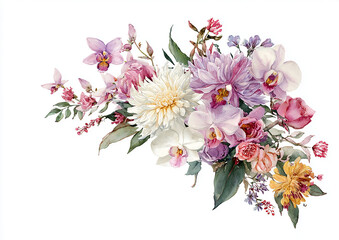Fototapeta premium Hand-painted watercolor corner bouquet of Thai flowers including orchids, roses, and chrysanthemums in soft natural colors. Botanical illustration isolated on white background.