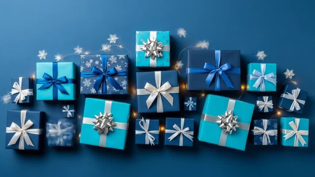 A festive arrangement of elegantly wrapped presents in blue and white hues adorned with ribbons and bows surrounded by snowflakes and warm string lights