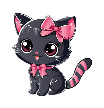Pink bow aur striped tail wali cute black anime-style cartoon billi ki illustration.