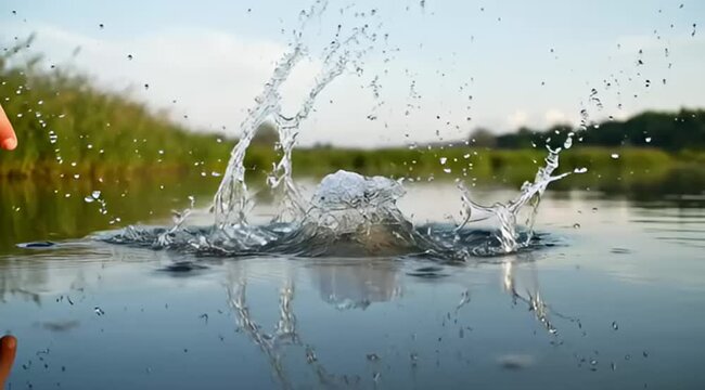 Captivating moment of water impact creating a beautiful splash formation on lake