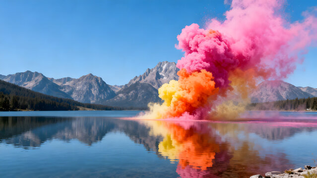 Colorful smoke explosion over lake