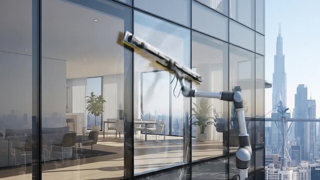 Robot cleans office window glass.
