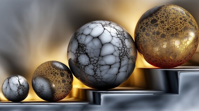 AI-generated illustration of an assortment of spheres on and around a flight of stairs, depicting man's endless quest to rise and advance