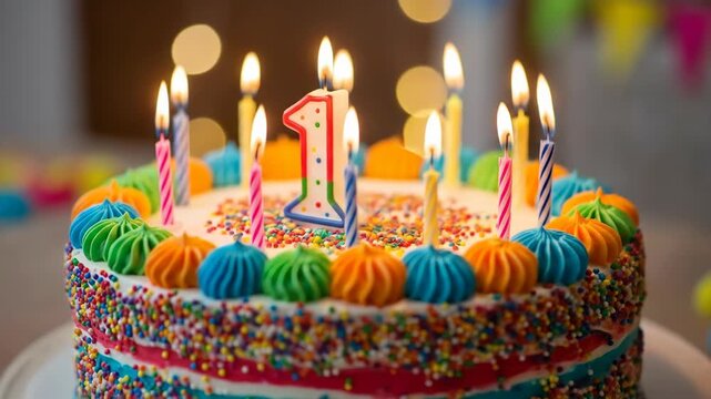 A vibrant birthday cake with lit candles and colorful sprinkles celebrates a first birthday