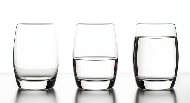 Three glasses empty half full full demonstrating water levels and concepts