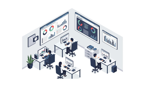 Isometric view of a modern office with people working on computers and large screens displaying data analytics.