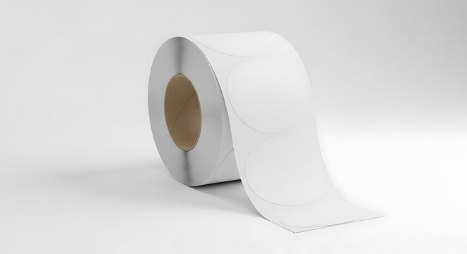 A roll of blank white circular adhesive labels isolated against a clean and minimal studio background