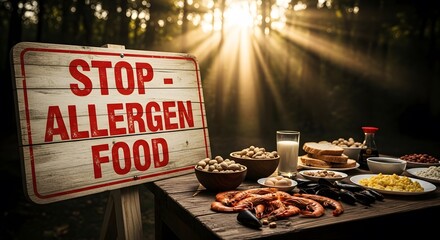 Stop allergen food sign with various allergens like shrimp, nuts, and eggs in forest