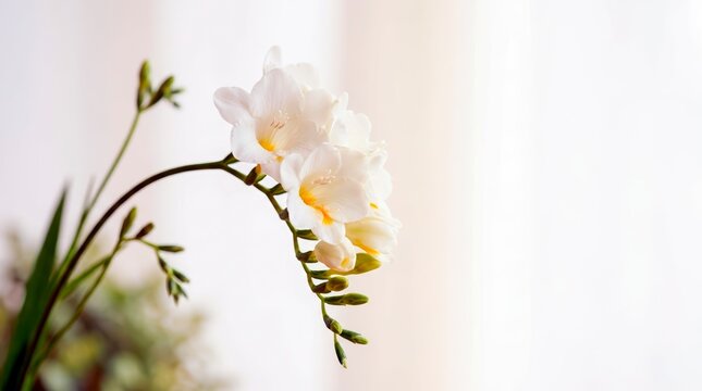 Close up of white freesia flowers on a curved stem with buds. Elegant floral macro on a soft blurred background. Minimalist botanical photography of spring blossom