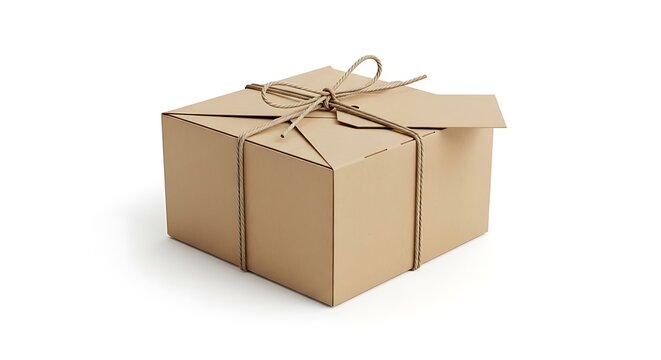 A simple brown cardboard gift box tied with rustic twine string and a blank paper gift tag attached