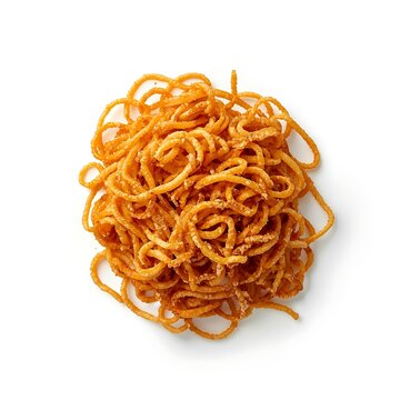 A bowl of maggi noodles with a fork lifting some, on a white background