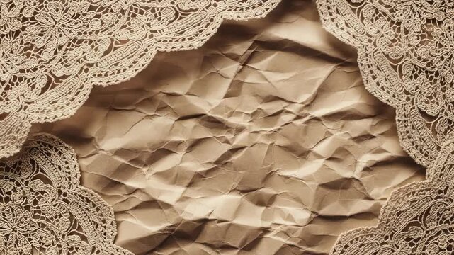 A close-up view of a crumpled beige fabric with intricate lace trim along the edges