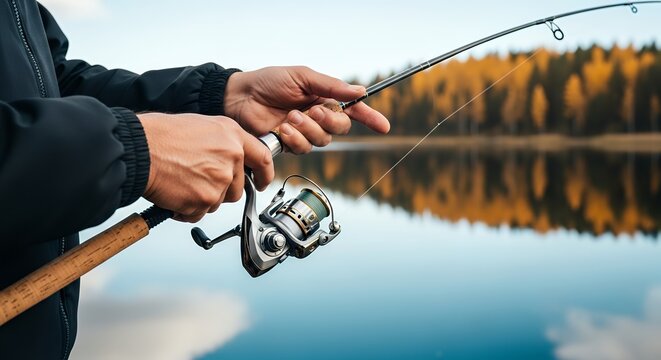 Fisher holds rod and reel above calm lake surface. Distant trees reflect in mirrored water. Sky shows soft clouds above autumnal forest. Hands grip equipment steady and focused