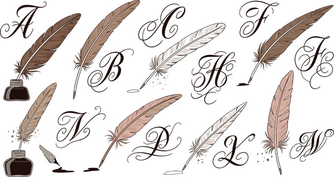 Vintage quill pen and inkwell vector set with ornate calligraphic letters for traditional writing literature poetry and historical document design projects.