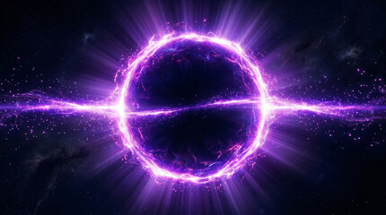 Fototapeta premium Exploding purple cosmic portal with glowing light beams in space, abstract energy phenomenon, abstract background, dark sky, explosion background, outer space