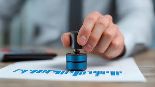 Person stamping document with blue stamp business finance
