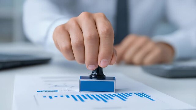 Businessman stamping document with a blue stamp hand