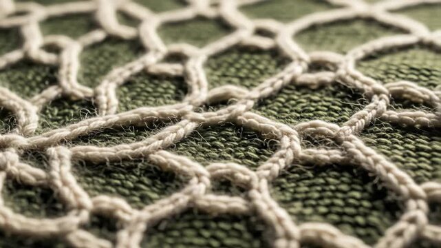 A close-up image of a cream-colored crochet pattern on a green fabric background
