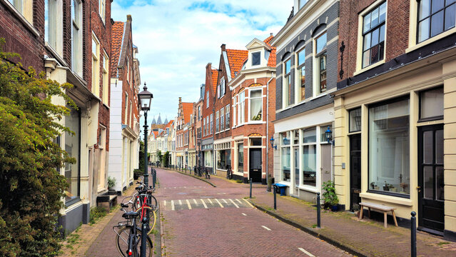 Classic Dutch street with in the historic Old Town of Haarlem, Netherlands