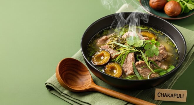 Authentic Georgian Chakapuli Lamb Stew in Ketsi Bowl with Fresh Tarragon and Green Negative Space