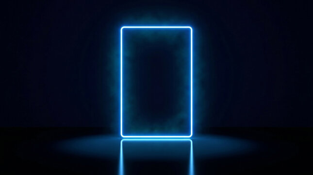 Atmospheric blue neon rectangle frame with subtle smoke and reflective floor on dark background, modern abstract gateway design, blue light, light effect, graphic resource