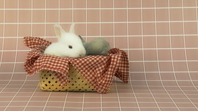 Cute baby rabbits resting in woven basket with fabric on grid background. Video frame with camera panning left to right; Calm and cozy bunny scene in soft pastel studio aesthetic