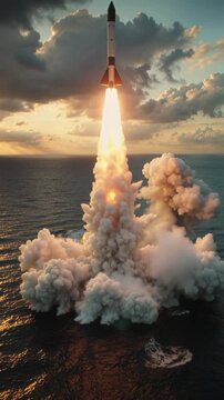 A Ballistic missile launch from military submarine in the ocean during sunset sky