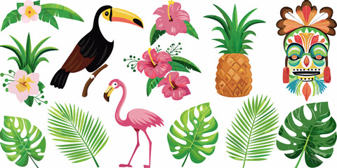 Fototapeta premium Tropical illustration featuring toucans flamingos and vibrant floral elements