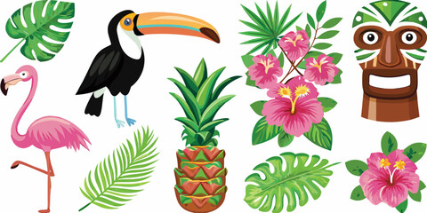 Fototapeta premium Tropical illustration featuring a toucan flamingo and various botanical elements