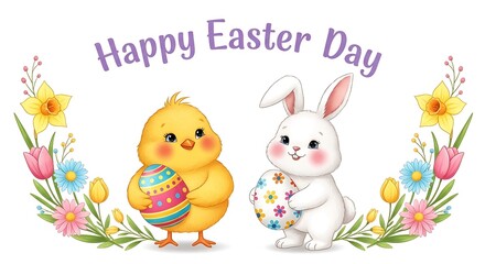 Adorable cartoon chick and white bunny celebrating Easter day together, holding colorful patterned eggs within a vibrant floral frame, with festive greeting text.