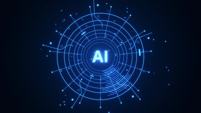 Animated graphic on a blue background of a rotating ring of connected lines around the AI logo.