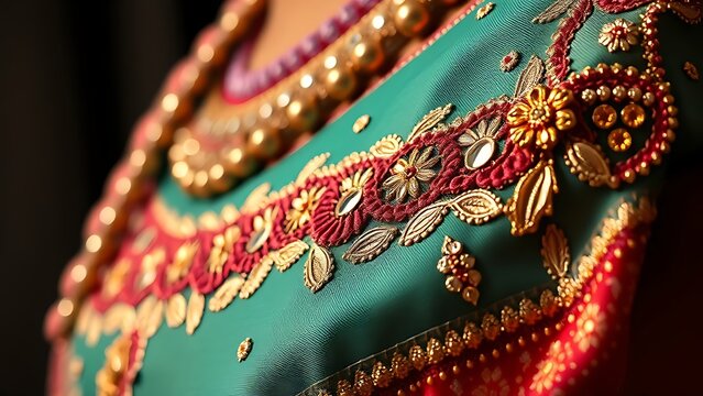 shockabsorber. Close-up of a traditional garment with intricate mirror work and silk embroidery. STEM education sheets, lab safety posters, designed for biotech research communications.