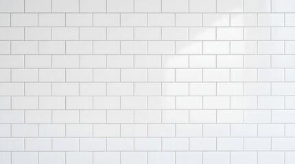 Obraz premium A clean and minimalistic white subway tile wall features a classic rectangular pattern, subtly illuminated by natural light casting soft shadows across the smooth, pristine ceramic surface.