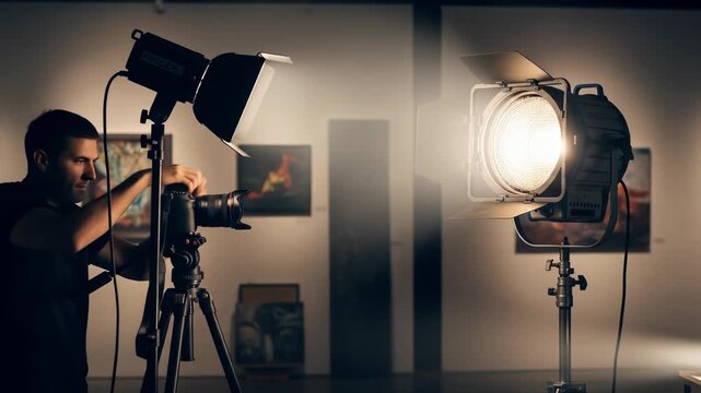 A photographer sets up equipment with studio lights in an art gallery