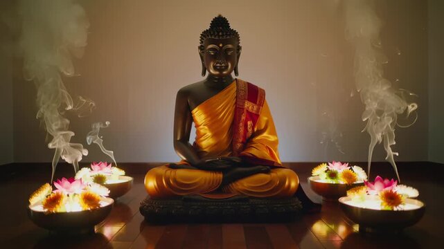 A Buddha statue sits in a room surrounded by flowers and burning incense. Soft smoke rises as candles light the area. The setting invites calm thought and reflection.