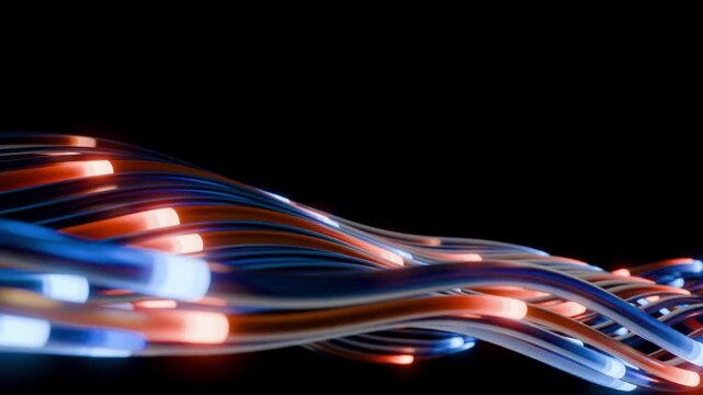 Animated glowing orange and blue neon lines. 3D virtual flow of multicolored tape.
