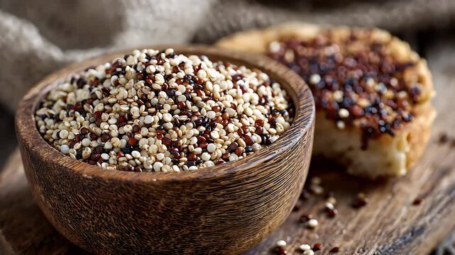 Bowl of mixed quinoa on a wooden board with bread grains