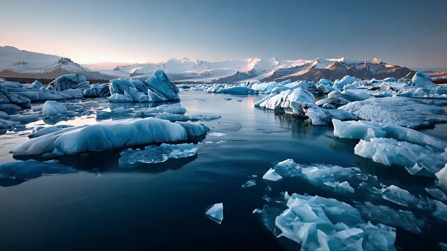 Icy Landscape of J?kuls?rl?n Glacier Lagoon at Sunset
