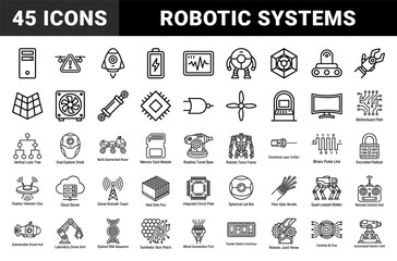Fototapeta premium Robotic engineering and advanced automation technical monoline elements. Blueprint style pictograms featuring cybernetic systems and hardware components.