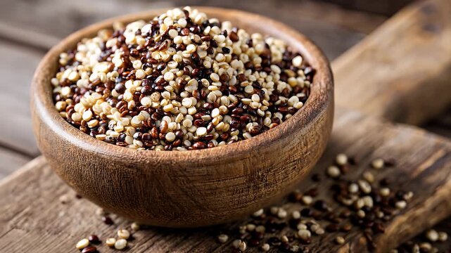 Bowl of tri-color quinoa on rustic wooden board grains