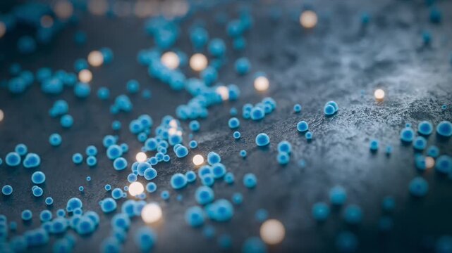 An abstract light blue surface with rolling, glowing little balls. Looping animation.