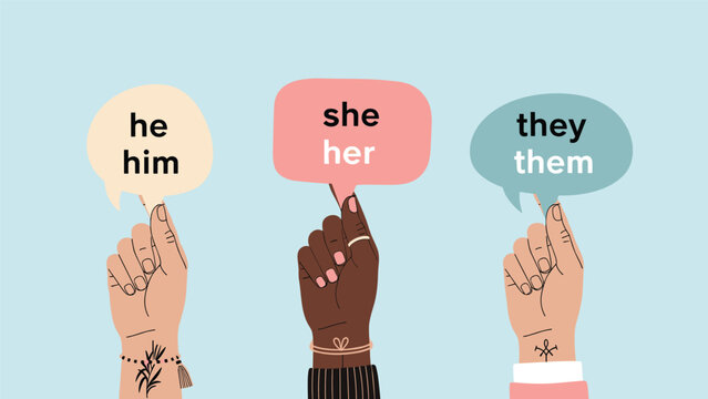 Three diverse hands holding up speech bubbles containing common gender pronouns like he him she her and they them.