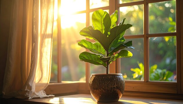 Fiddle-leaf fig in a pot sits on a window sill bathed in golden morning sunlight, framed by a white curtain