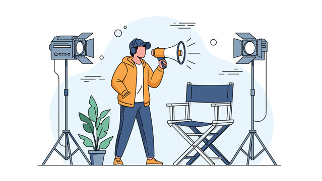 Film director wearing a headset and holding a megaphone on a professional movie set with studio lighting.
