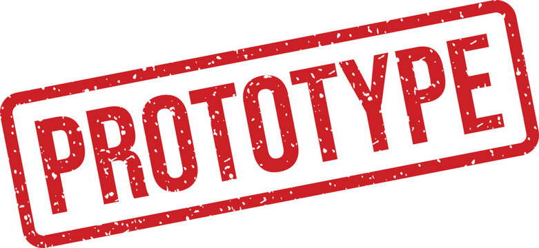A vivid red rectangular grunge stamp with the word PROTOTYPE stands out on a stark white background