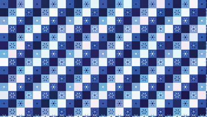 Abstract blue geometric pattern background with floral motifs and checkered tiles for modern digital design, seamless textile print, creative wallpaper, decorative surface texture, contemporary art © NK