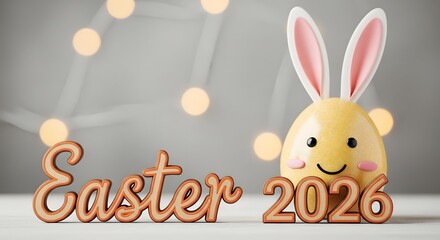Fototapeta premium Easter 2026 cute bunny egg and festive lights background